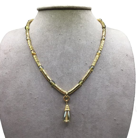 Signed MONET 1990s Gold Tone Necklace Strung On Chain Glass Bead Drop Shaped - Picture 1 of 14